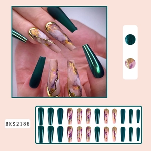 Detail of long ballerina nails with dark green cat eye and pink marble gold foil designs