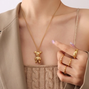 Bear Pendant Necklace Stainless Steel 18K Gold Plated Love Peace Letter Engraved Ins Style Fashion Women