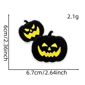 Detail view of Jack-o'-lantern pumpkin embroidery patches with size and weight specs