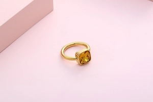 Detailed view of square yellow zircon set in a minimalist gold stainless steel ring band