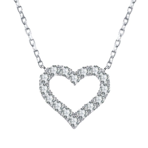 Elegant silver heart necklace with sparkling full cubic zirconia stones on white background
