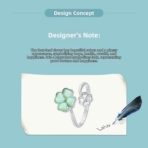 Macro design sketch of an S925 silver four-leaf clover ring with green gradient details