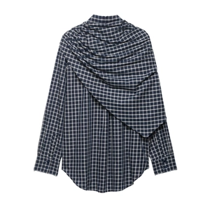 Plaid long sleeve shirt in navy blue and grey with unique back ruffle cape design