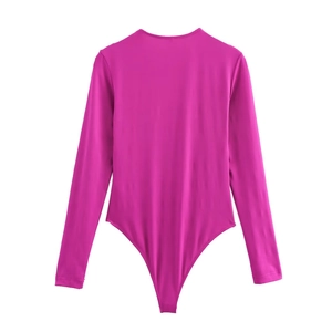 Detailed back view of the long sleeve magenta bodysuit for women with thong bottom