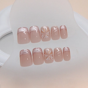 Cat eye fireworks fake nails in pink ballet style with silver French tips and art