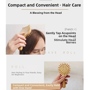 Detail of a portable cat-shaped bamboo hairbrush with massage bristles for daily scalp care