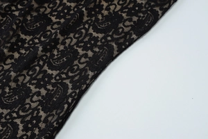 Close-up of black lace fabric with intricate floral and paisley embroidery patterns