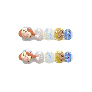 Handmade 3D dog and bear press-on nails with blue checkered patterns and pearls