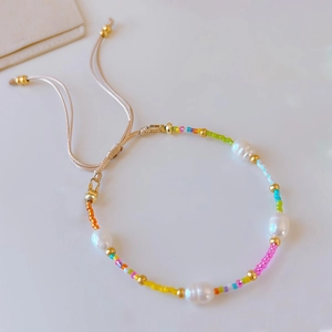 Bohemian Freshwater Pearl Beaded Bracelet Colorful Glass Seed Beads Gold Plated Copper Adjustable Cord For Women Handmade