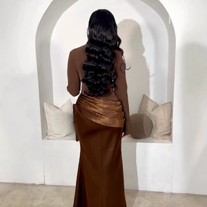 Elegant dark brown slim fit long sleeve fishtail maxi dress with satin pleated back detail