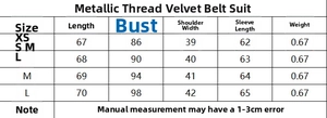Detailed size chart for velvet blazer with metallic threads and lantern pants