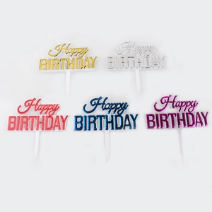 Golden and colorful metallic Happy Birthday cake toppers in five vibrant shades