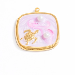 Golden square sea turtle pendant with pink and purple enamel waves and pearls