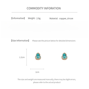 Detailed spec sheet showing 1.2cm x 1cm zircon gourd earrings made of copper and silver
