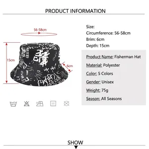 Unisex polyester bucket hat with letter print and detailed size chart measurements