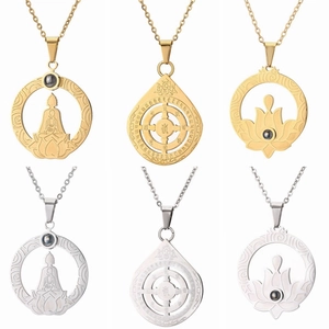 Stainless Steel Buddha Lotus Projection Pendant Necklace Religious Zen Micro Carved Scripture Jewelry Women Men Vintage