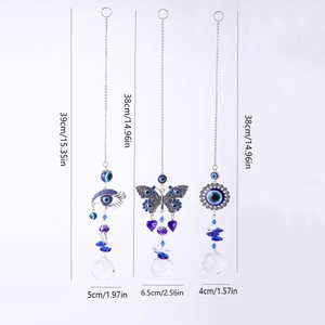 Three Evil Eye suncatchers with crystal prisms and silver chains shown with dimensions