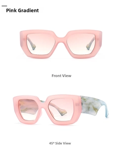Detail view of retro oversized pink sunglasses with marble pattern temples and gradient lenses