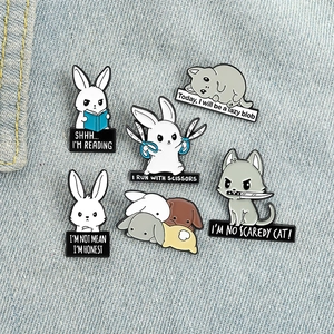 Creative Cartoon Animal Enamel Brooches Alloy Bunny Cat Pins With Humorous Slogans Funny Badge For Clothes Bags Women Jewelry