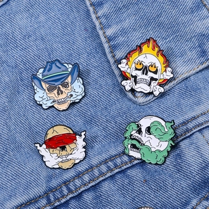Punk Skull Enamel Pin Alloy Gothic Rock Style Brooch Badge Flame Cowboy Smoke Design For Jacket Hat Backpack Unisex