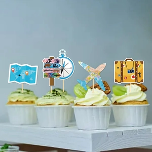 Travel themed cupcake toppers with world maps and globetrotting icons for parties