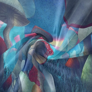 Macro detail of silky bohemian mushroom tapestry fabric with fantasy forest print design