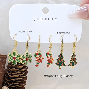 Macro view of Christmas earring set with snowman and tree charms on a display card