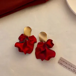 Retro red rose petal earrings with matte gold metal leaf for festive New Year style
