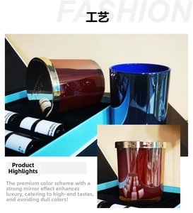 Close-up of luxury scented candle gift set with red and blue mirror glass jars and gold lids