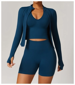Ensemble de sport sans couture bleu marine 3 pièces avec veste zippée, brassière et short