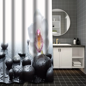 Waterproof zen bathroom shower curtain featuring white orchids and black spa stones decor