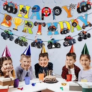 Kids birthday party scene with colorful monster truck happy birthday banner decorations