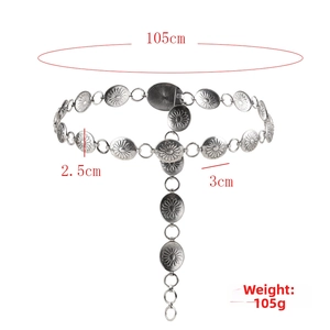Detail showing vintage sun flower engraved silver chain belt with 105cm total length