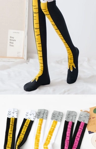 Detailed view of funny chicken feet thigh high socks with creative claw patterns and feather texture