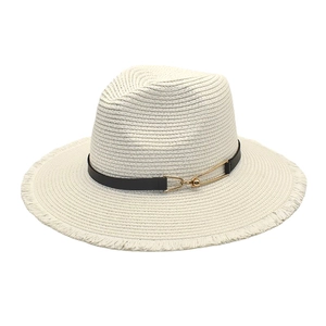 White straw sun hat with black leather strap and gold buckle on a clean white background