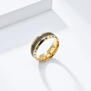 Nordic vintage golden stainless steel Viking ring with Celtic knots and runes engraved