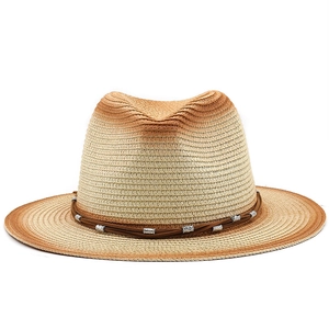 Gradient Panama straw hat with flat brim and decorative beads on a white background