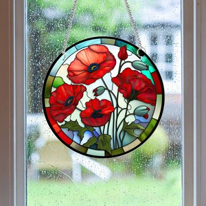 Stained glass style acrylic suncatcher featuring red poppy flowers with hanging chain