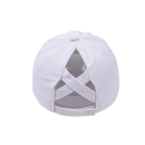 Detail of white cotton baseball cap showing cross elastic straps for high ponytail hair