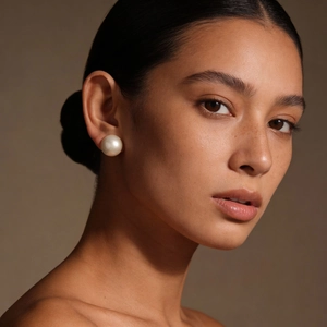 Close-up of a large minimalist pearl stud earring with high luster on a female model