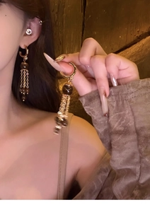 Detail view of long tassel earrings with golden metal rings and brown tiger eye beads