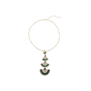Elegant gold fringe necklace featuring fan-shaped pendants with green teardrop gemstones