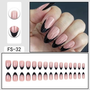 French style short almond press-on nails set in nude pink with chic black tips
