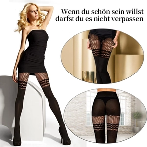 Black fishnet patchwork tights with wave pattern and thigh-high hollow out detail