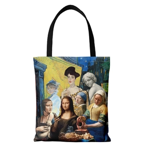 Canvas tote bag with funny Mona Lisa and Van Gogh artistic parody collage print