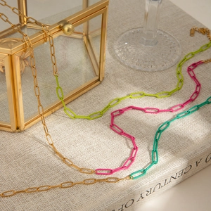 Detailed view of three-piece 18k gold plated stainless steel necklaces with colorful links