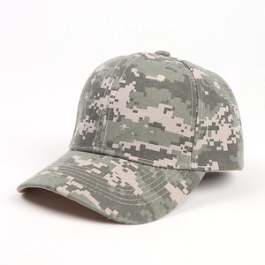 Detail view of the 6-panel digital camouflage baseball cap with ACU pattern stitching