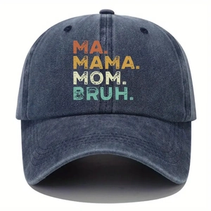 Washed navy blue cotton baseball cap with retro colorful MA MAMA MOM BRUH printed text