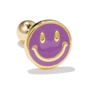 Classic purple enamel smiley face stud earring with golden metal screw back closure