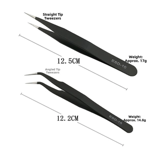 Detailed comparison of ESD-10 and ESD-15 stainless steel tweezers with size measurements